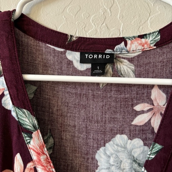 Torrid Burgundy and Pink Floral Challis Midi Shirt Dress Size 1 - Picture 11 of 11